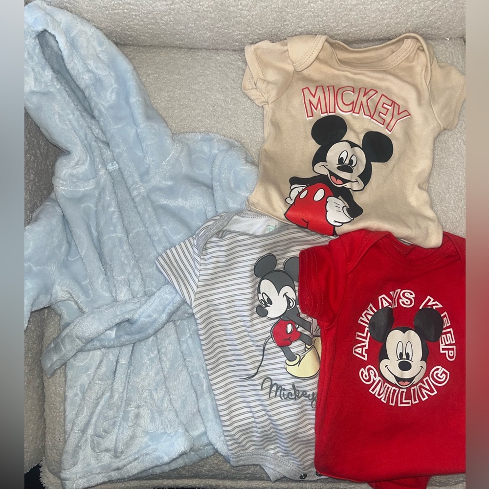 Disney Baby Onesies Set of 3 and bath robe